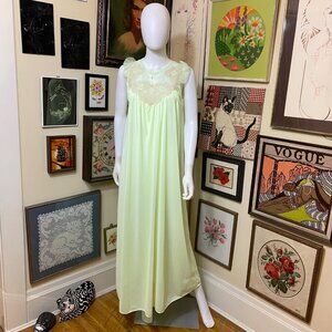 60s Vintage Deena Neon Greenish Yellow Sleeveless Maxi Nylon Nightgown with Lace
